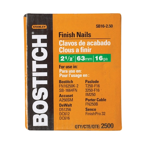 Bostitch Collated Finishing Nail, Steel, Coated Finish, 16 ga SB16-2.50